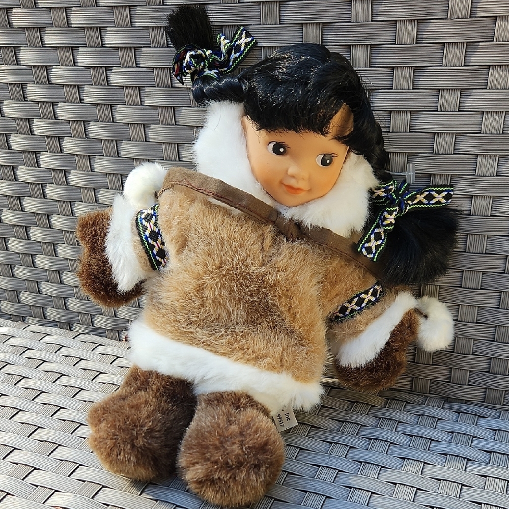 Vintage  New  2011 Collectible Alaskan Eskimo Doll Faux Fur Doll  Braided Hair